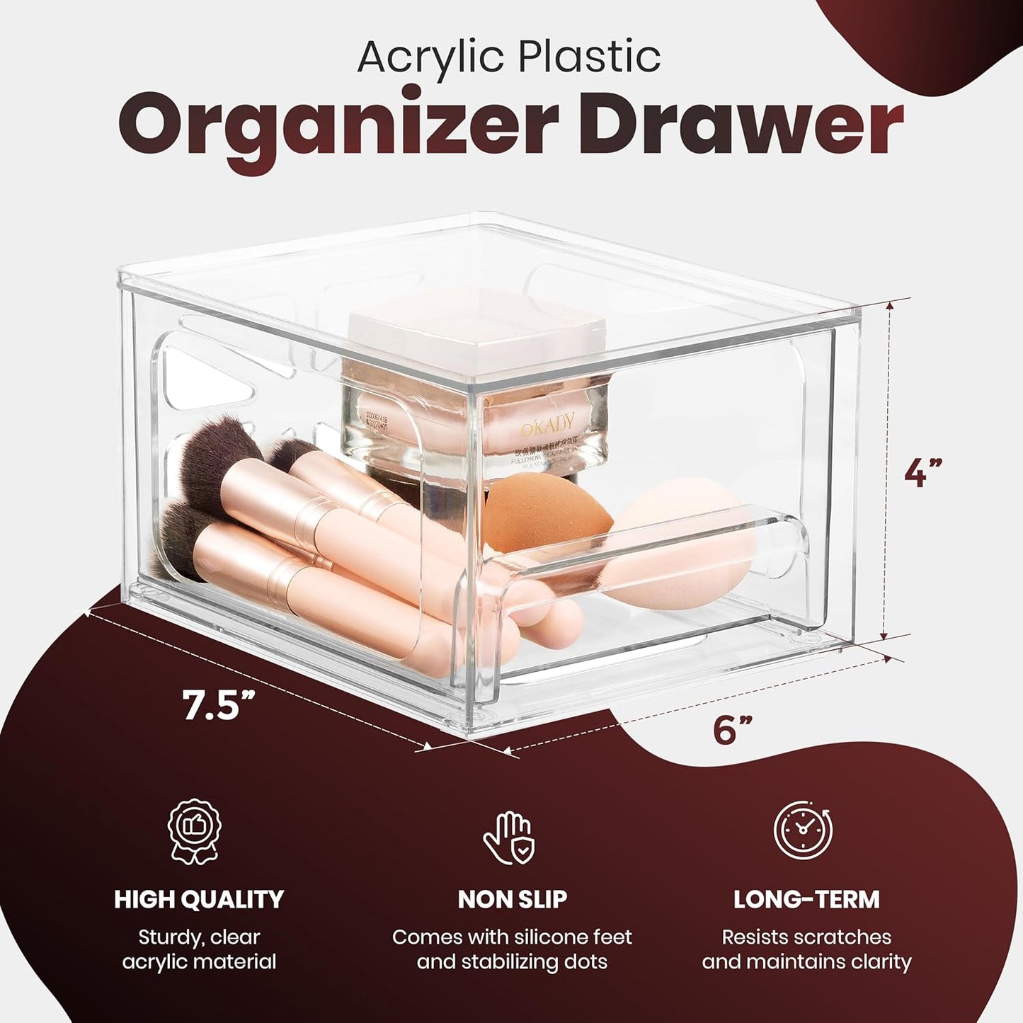 Oizeir Acrylic Drawer Organizer 2-Pack – Clear Stackable Storage Drawers for Makeup, Skincare, Vanity, Bathroom, Under Sink, Kitchen & Office – Non-Slip, Durable, Multi-Purpose Organizer Bins