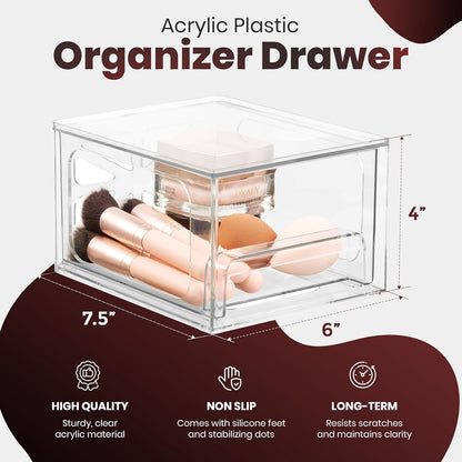 Oizeir Acrylic Drawer Organizer 2-Pack – Clear Stackable Storage Drawers for Makeup, Skincare, Vanity, Bathroom, Under Sink, Kitchen & Office – Non-Slip, Durable, Multi-Purpose Organizer Bins