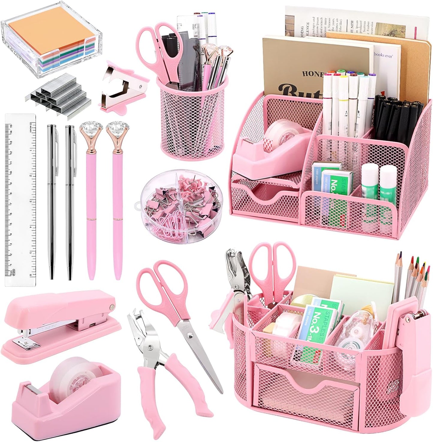 17 in1 Silvery Desk Organizers and Accessories Set, 3 Office Desk Supplies Storage Organization, 4 Pens, Stapler, Staples & Remover, Tape & Dispenser, Scissors, Ruler, Clips, Hole Punch Back to School