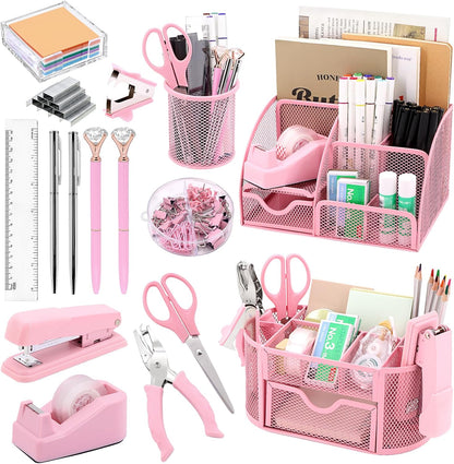 17 in1 Silvery Desk Organizers and Accessories Set, 3 Office Desk Supplies Storage Organization, 4 Pens, Stapler, Staples & Remover, Tape & Dispenser, Scissors, Ruler, Clips, Hole Punch Back to School