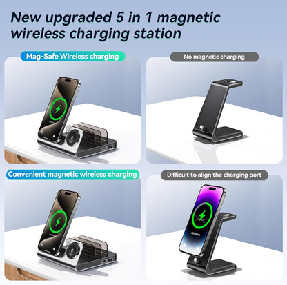WHJ 5 in 1 Wireless Charging Station for Apple Devices - Mag-Safe Wireless Charger Stand, Magnetic 18W Fast Charger for iPhone 17 Air/16/15/14/13/12 Pro Max, Apple Watch 1-10/Ultra & AirPods(Silver)