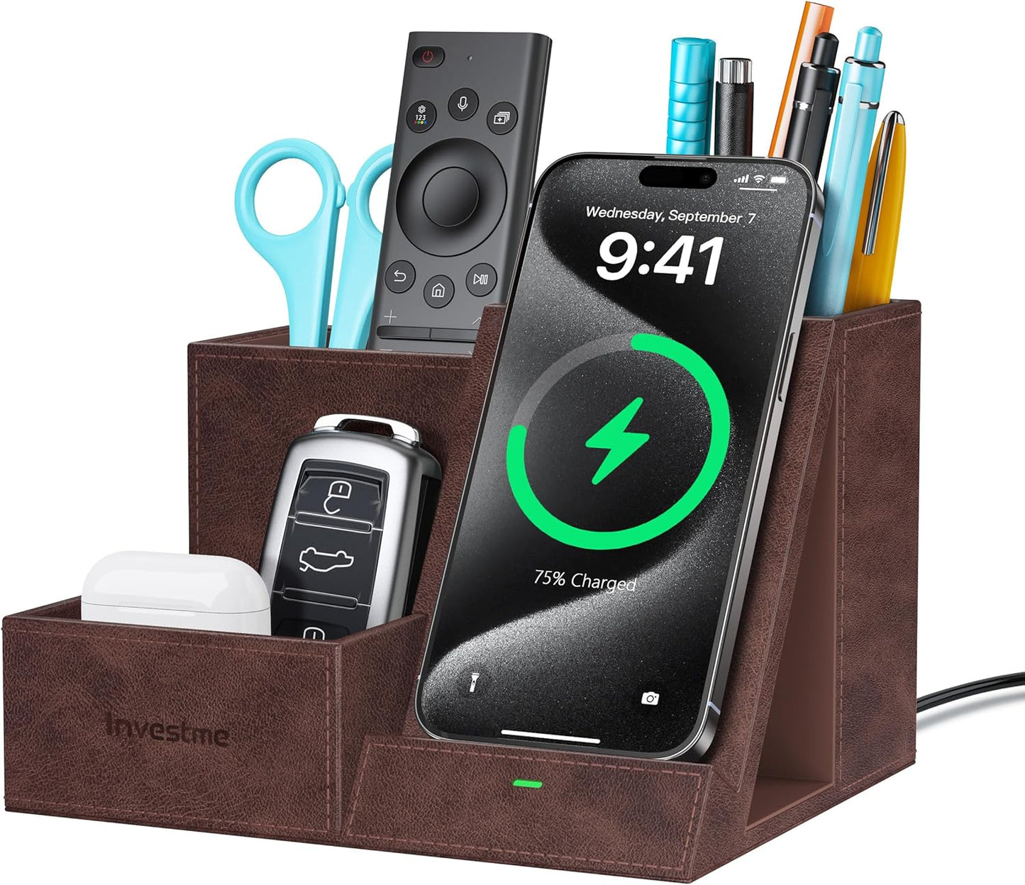 Wireless Charger with Desk Organizer, Pen Pencil Holder, Multifunctional Desktop Organizer, Office Supplies and Desk Accessories Organizer with 3 Compartments and 1 Phone Stand