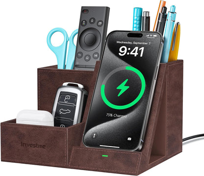 Wireless Charger with Desk Organizer, Pen Pencil Holder, Multifunctional Desktop Organizer, Office Supplies and Desk Accessories Organizer with 3 Compartments and 1 Phone Stand