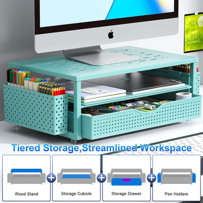 gianotter Wood Monitor Stand Riser, Office Desk Shelf Organizer, Desk Organizer with Drawer and Pen Holder, 2-Tier Computer Stand, Office Organization (Ink)