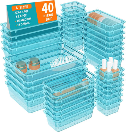 WOWBOX 32 PCS Clear Plastic Drawer Organizer Set, 4 Sizes Desk Drawer Organization and Storage Containers for Makeup, Cosmetics, Jewelry and Gadgets in Kitchen, Bathroom, Bedroom, Office, Clear Black