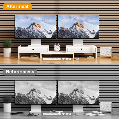 LAPTAIN Wooden Dual Monitor Stand with 2 Drawers, Monitor Stand Riser with Adjustable Length and Angle, Solid Wood Desktop Organizer Stand for Laptop/PC/Computer, No Assembly Required