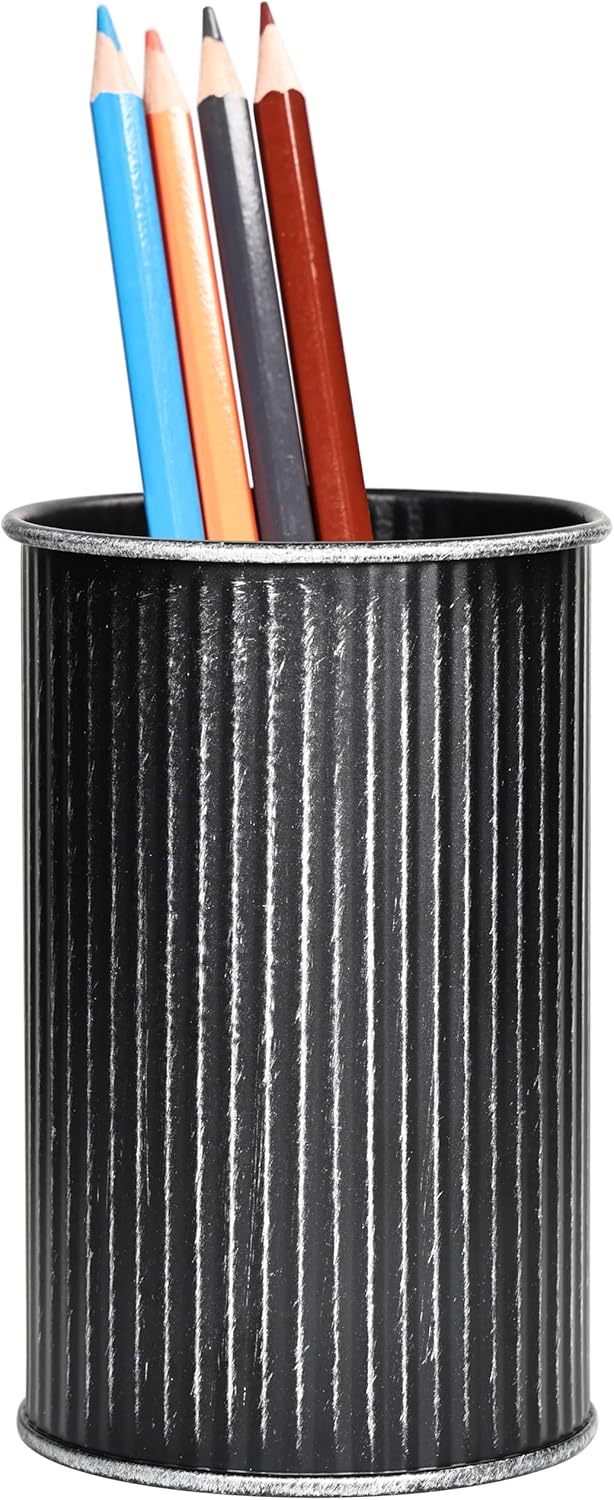 Metal Pen Holder with Vertical Groove Design, Multipurpose Desk Organizer Cup for Pens, Makeup Brushes, Utensils, Straws & Small Vase, Solid Black