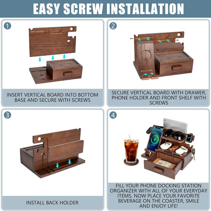 Parkway Home Wood Phone Docking Station with Drawer, Compatible with Apple Watch - Wood Charging Station Organizer Stand, Bedside Nightstand Organizer for Men, Holds Phone, Tablet, Keys, Glasses, EDC