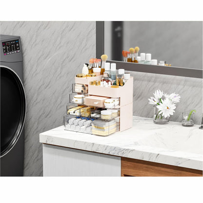 White Makeup Organizer With Drawers,Large Skincare Organizers for Countertop,Desk,Dresser,Plastic Bathroom Counter Organizer for Brush,Palettes,Perfume,Beauty Products Organization,Skin Care Storage