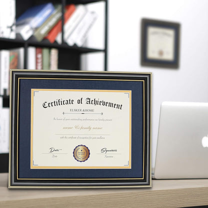 ELSKER&HOME Diploma Frame - Wide Solid Wood Frame - Black Velvet Golden Rim Mat - Semi-Tempered Glass - Includes Hanging Hardware and Desktop Easel(ONLY Display 11×14 Document/Certificate)