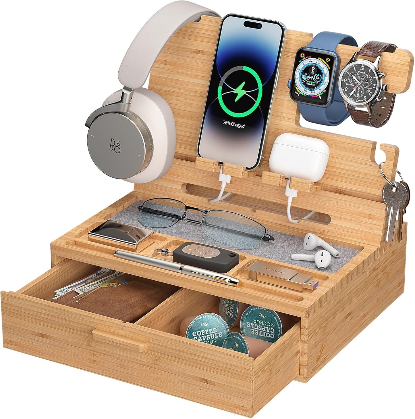 Pezin & Hulin Wooden Charging Station, Bedside Nightstand Tray, with Spacious Drawer, Felt Pads for Phones, Watch, Idea Gifts for Him Birthday, Son, Christmas for Papa Fathers Day (Nature)