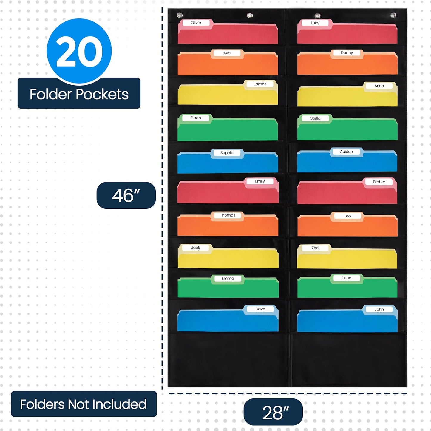 Essex Wares - 7 Pocket File Pocket Chart, Black, Tall - Versatile Wall Hanging File Folder Organizer for Classroom, Office, Home, and More - Wall Folder Organizer - 7 Pockets