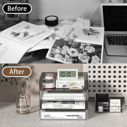 FANXIYQ 4-Tier Acrylic Paper Tray Organizer - Low-Profile Desk File Sorter for Office/Home, Clear Stackable Letter Tray for Bills, Crafts, Notebooks