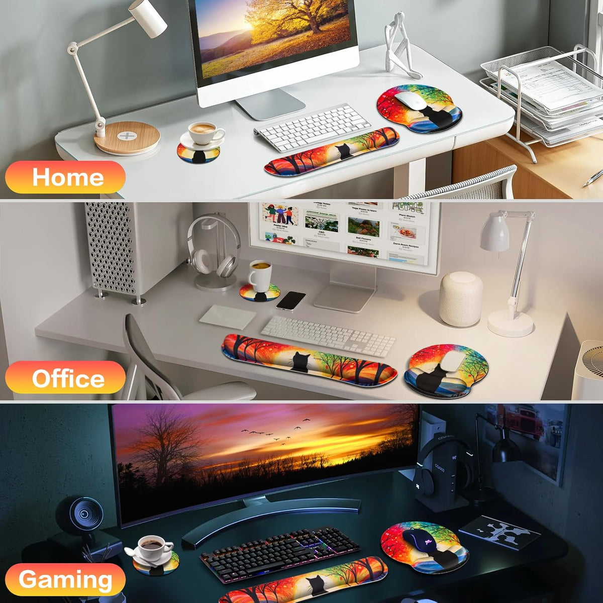 Mouse Pad with Wrist Rest Set, Qomolama 3-in-1 Wrist Support Mouse Pad Set, Floral Gaming Mousepad with Anti-Skid Base,Ergonomic Mouse Pad,Memory Foam Keyboard Gel Wrists Rest