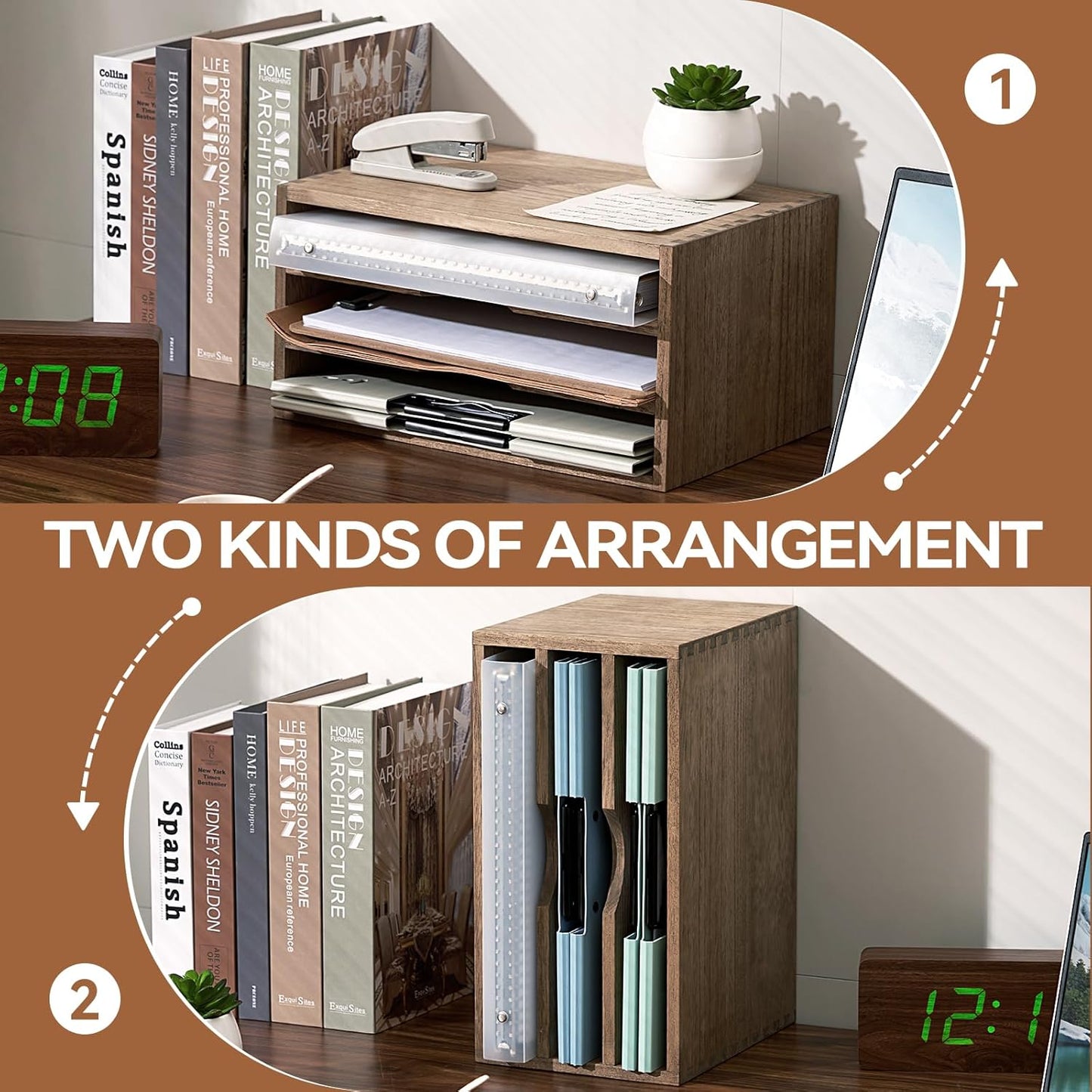 KIRIGEN Wooden Desktop Organizer Paper Storage Letter Tray File Sorter - Desk Rack Magazine File Dividers Holders for Home Office Accessories Wood Desk Cabinet with 3 Layer Trays Natural(3KWJG-NA)