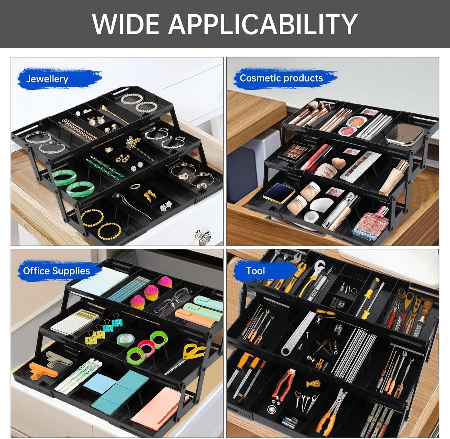 3 Tier Drawer Organizer for Desk, Multi-Functional Three Tier Storage Drawers for Office Supplies, Makeup, Bathroom Essentials & Craft Accessories, Space-Saving Storage Box(1 Row 3 Tier-Black)