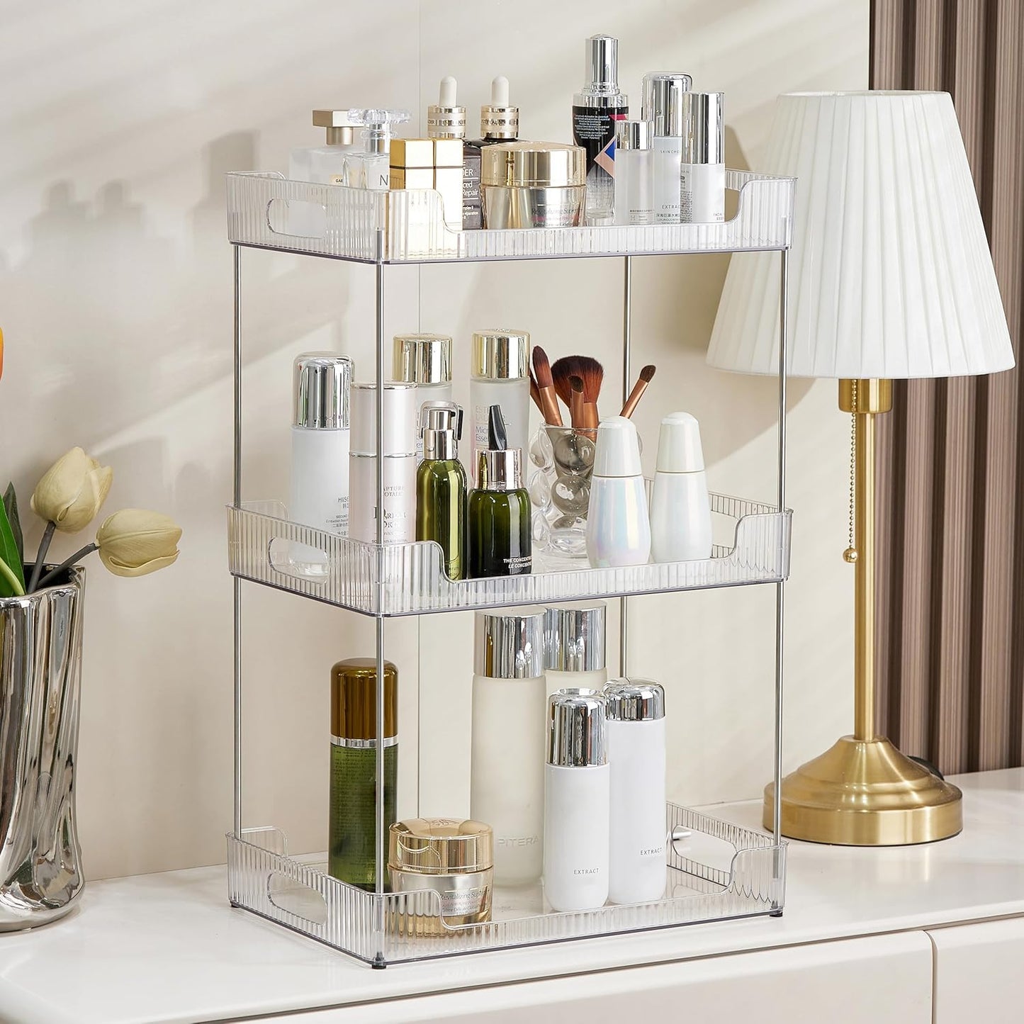 Goderewild 3 Tier Bathroom Counter Organizer, Multi-Purpose Cosmetics Skincare Shelf, Fits A4 Size Makeup Organizer for Office and Vanity Tray, Countertop Storage Solution for Kitchen,Bath.(Clear)