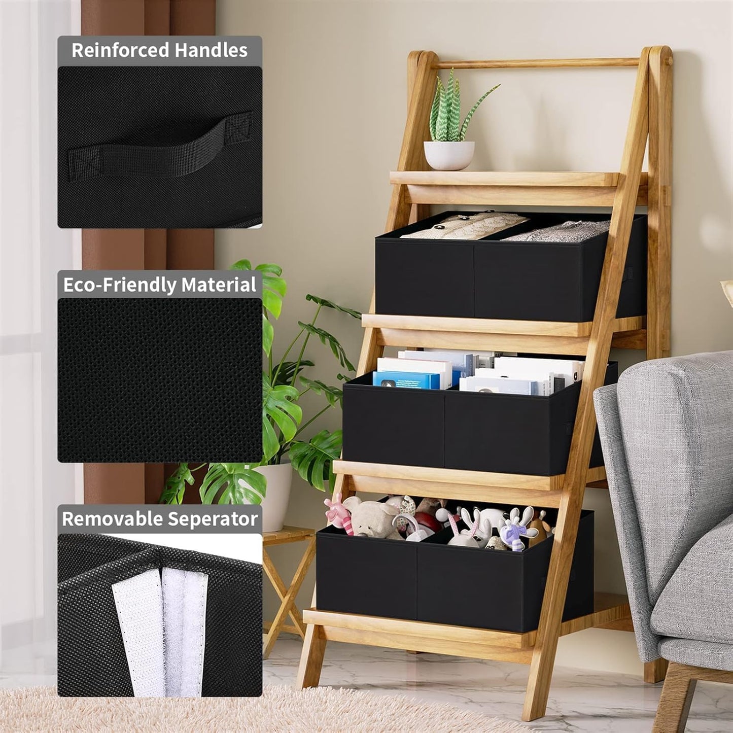 DIMJ Closet Storage Bins, 6 Pack Storage Baskets for Shelves, Foldable Closet Organizer with Handle, Linen Closet Organizers and Storage for Clothes, Toys, Towel, Books (Black)