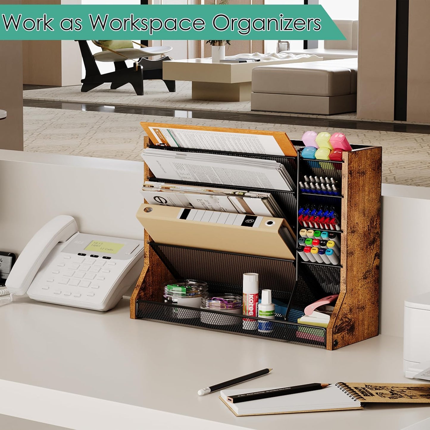 Jakyitvi File Organizer Wall Mounted, 4 Tiers Durable Adjustable Metal Desk Organizer, Desktop Hanging File Holder with 4 Pen Slots Stable, 4 Pull-Out Divider for File, Mail, Black, Patent Pending
