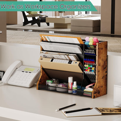 Jakyitvi File Organizer Wall Mounted, 4 Tiers Durable Adjustable Metal Desk Organizer, Desktop Hanging File Holder with 4 Pen Slots Stable, 4 Pull-Out Divider for File, Mail, Black, Patent Pending