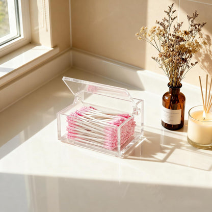 Clear Acrylic Cotton Swab Ball Holder Qtip Organizer with Lid 2-Grid Canister for Make Up Pads, Floss Picks, Vanity Storage,Bath Salts, Cosmetics, Home Bathroom Decor (DP004)