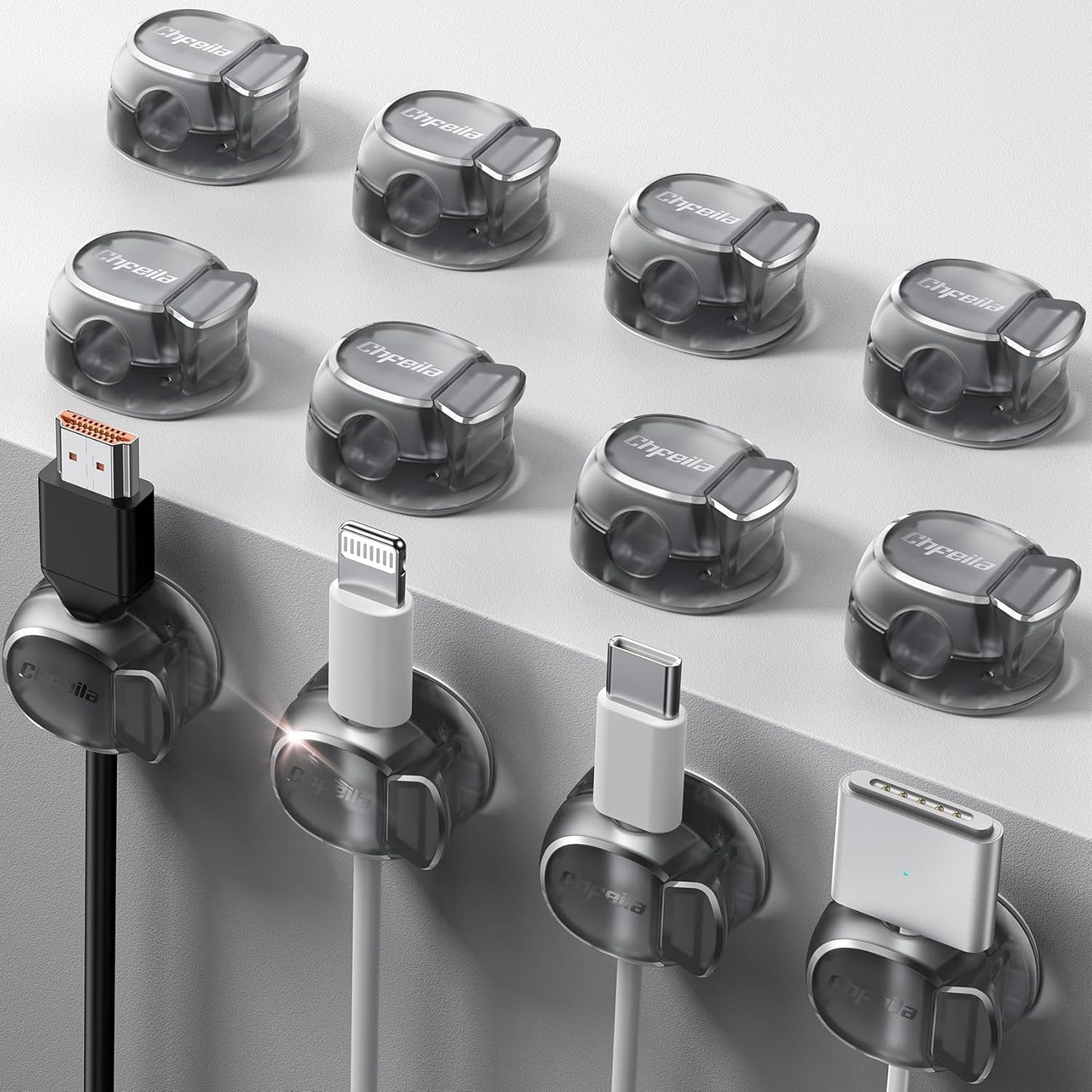 8Pack Cord Organizer [Dual Spring & Clasp, Max Secure] Cable Clips - Chfeila Cable Management, Adhesive Phone Charging Wire Holder for Nightstand/Wall, Home Office Desk Accessories Decor Essentials