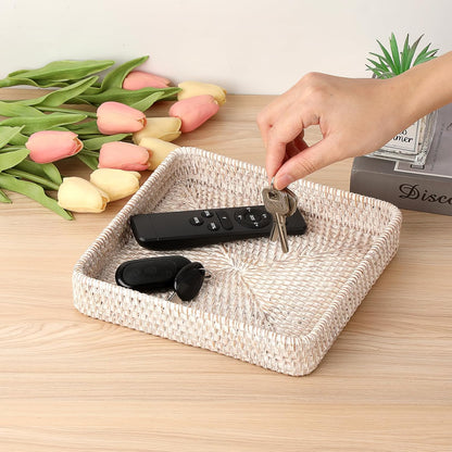 Hipiwe Key Basket Tray for Entryway Table Rattan Serving Tray Handwoven Wicker Baskets Vanity Trays Square Decorative Fruit Trays for Kitchen Counter Bedside Living Room Bathroom, 8.1"