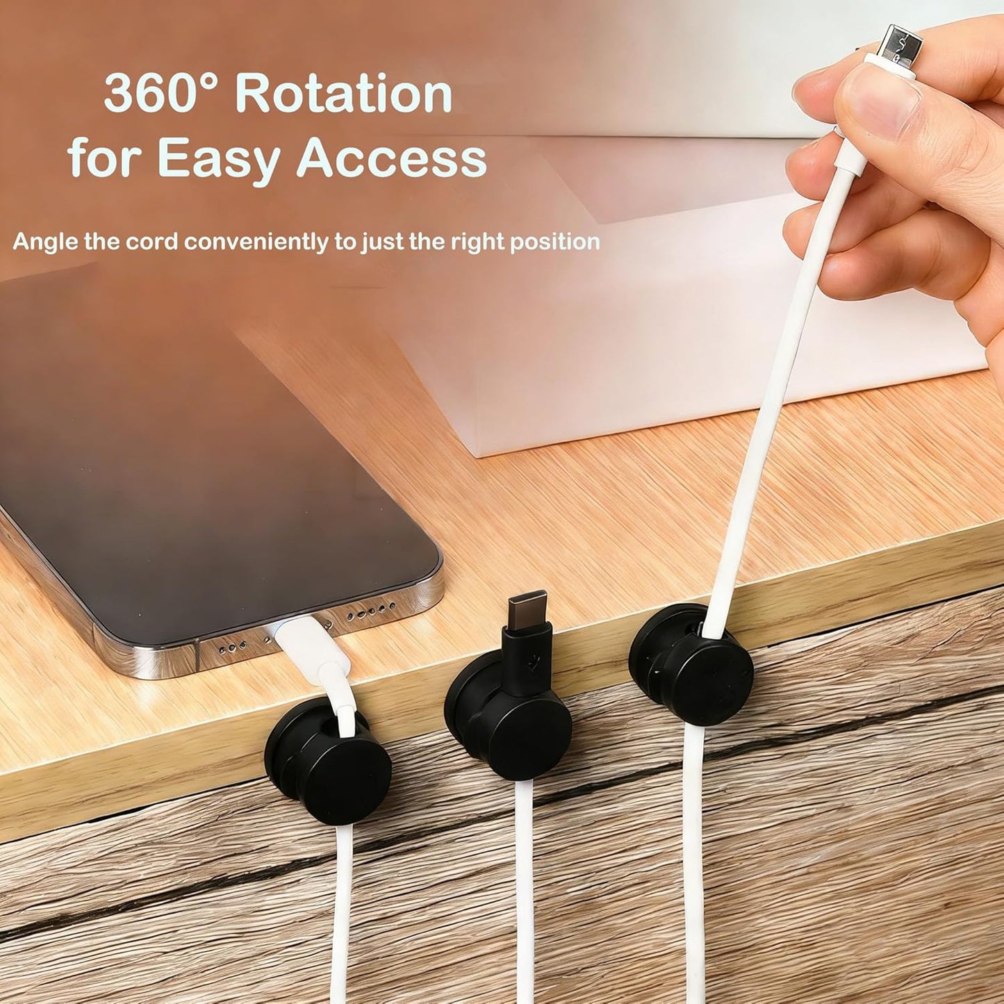6PC 360° Rotatable Spring Cable Management, Cord Organizer Holder for Desk, Strong Adhesive Cable Clips Desk Accessories, Adjustable Wire Keeper for Nightstand, Home, Office, RV (Black)