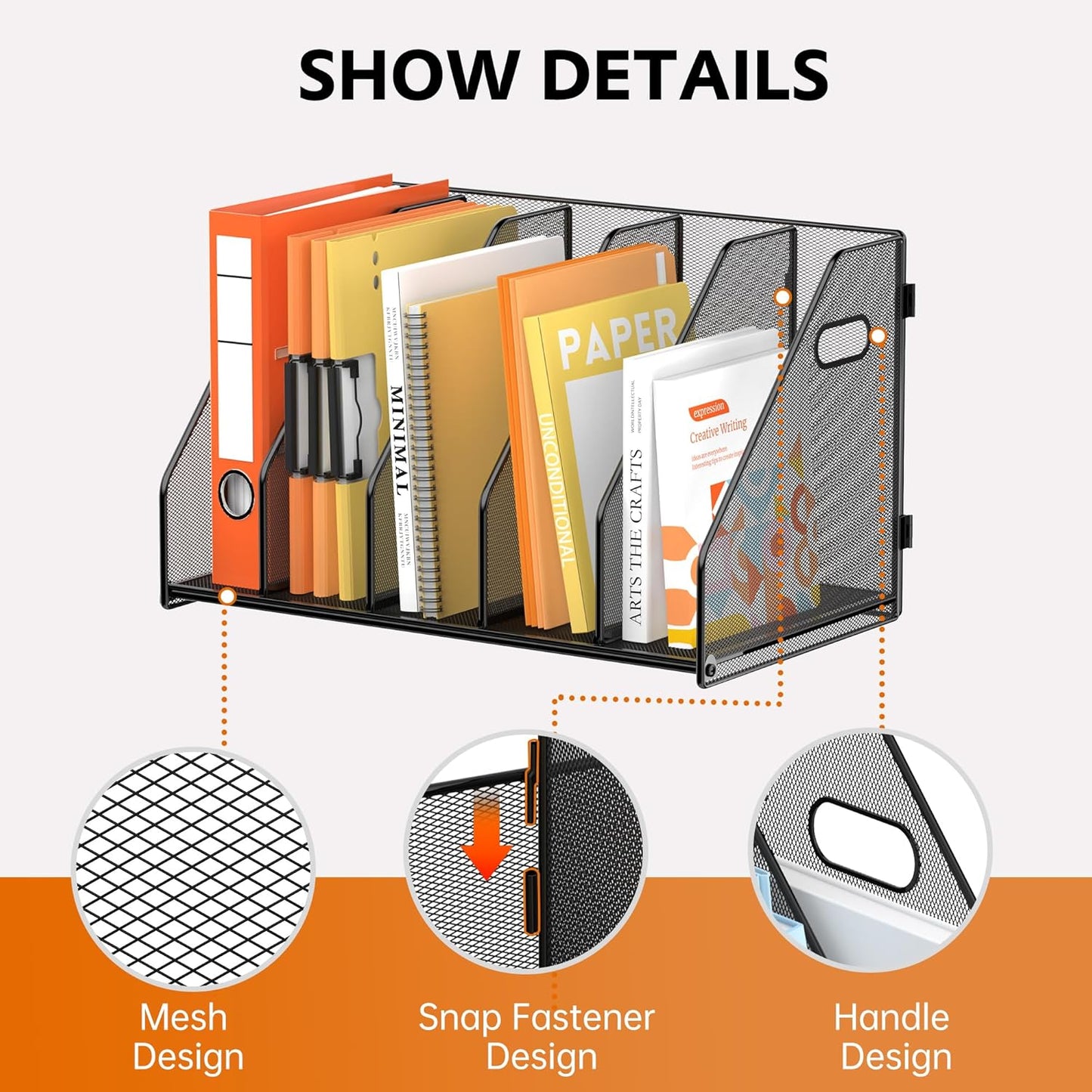 SUPEASY Binder Organizer, Magazine File Holder with 5 Vertical Compartments Rack, Metal Desk File Organizer & Binder Holders, Magazine Organizers for Office Desktop, Home, School, Classroom (Black)