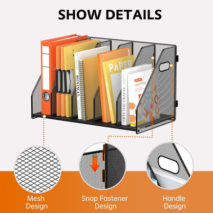 SUPEASY Binder Organizer, Magazine File Holder with 5 Vertical Compartments Rack, Metal Desk File Organizer & Binder Holders, Magazine Organizers for Office Desktop, Home, School, Classroom (Black)