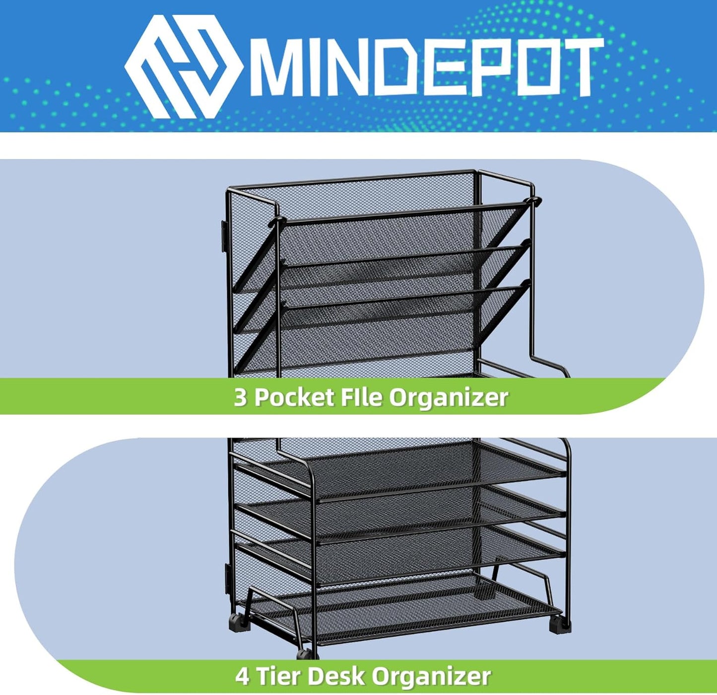 MINDEPOT 4-Tier Paper Organizer + 3-Pocket File Holder + Drawer + Pen Holders, Desktop File Organizers Paper Tray for Office Accessories School Classroom Organization (Black)