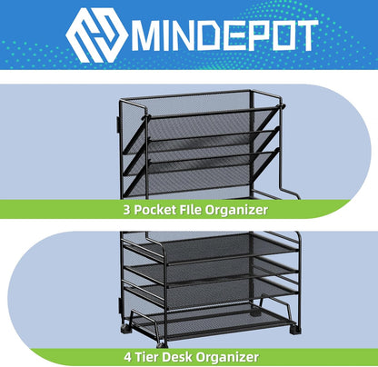 MINDEPOT 4-Tier Paper Organizer + 3-Pocket File Holder + Drawer + Pen Holders, Desktop File Organizers Paper Tray for Office Accessories School Classroom Organization (Black)