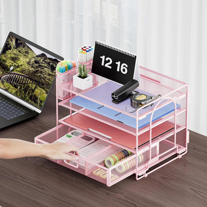 Marbrasse Desk Organizer and Accessories，4-Tier Paper Letter Tray Organizer with File Holder，Desk Accessories & Workspace Desktop Organizers for School Home Office Supplies (Blue)