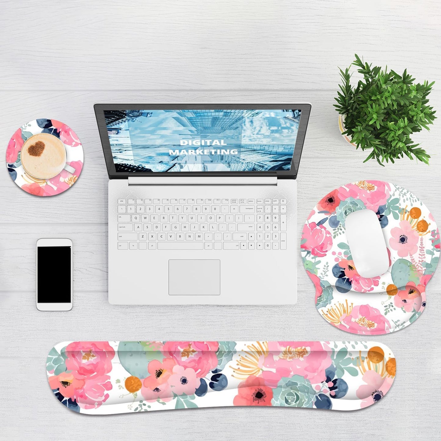 Ergonomic Mouse Pad with Wrist Rest and Keyboard Wrist Rest, Memory Foam Wrist Rest for Computer Keyboard, Easy Typing, Pain Relief, Mouse Pad Wrist Support for Gaming,Office, Laptop, Black Flower