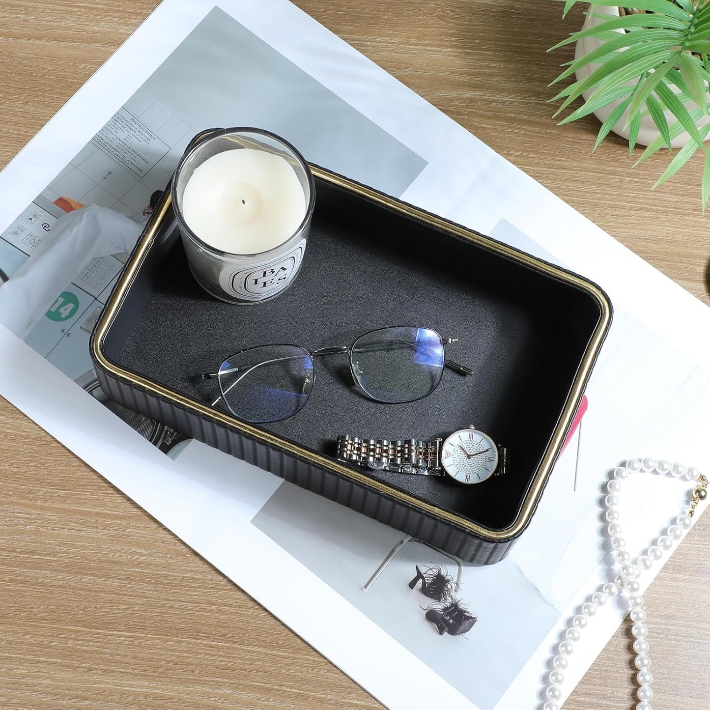 Desk Organizer Tray, PU Leather Nightstand Organizer Perfume Valet Tray for Men Women, Decorative Vanity Trays Trinket Dish Key Bowl for Entryway Table (2pcs, Ivory, Large+Small)