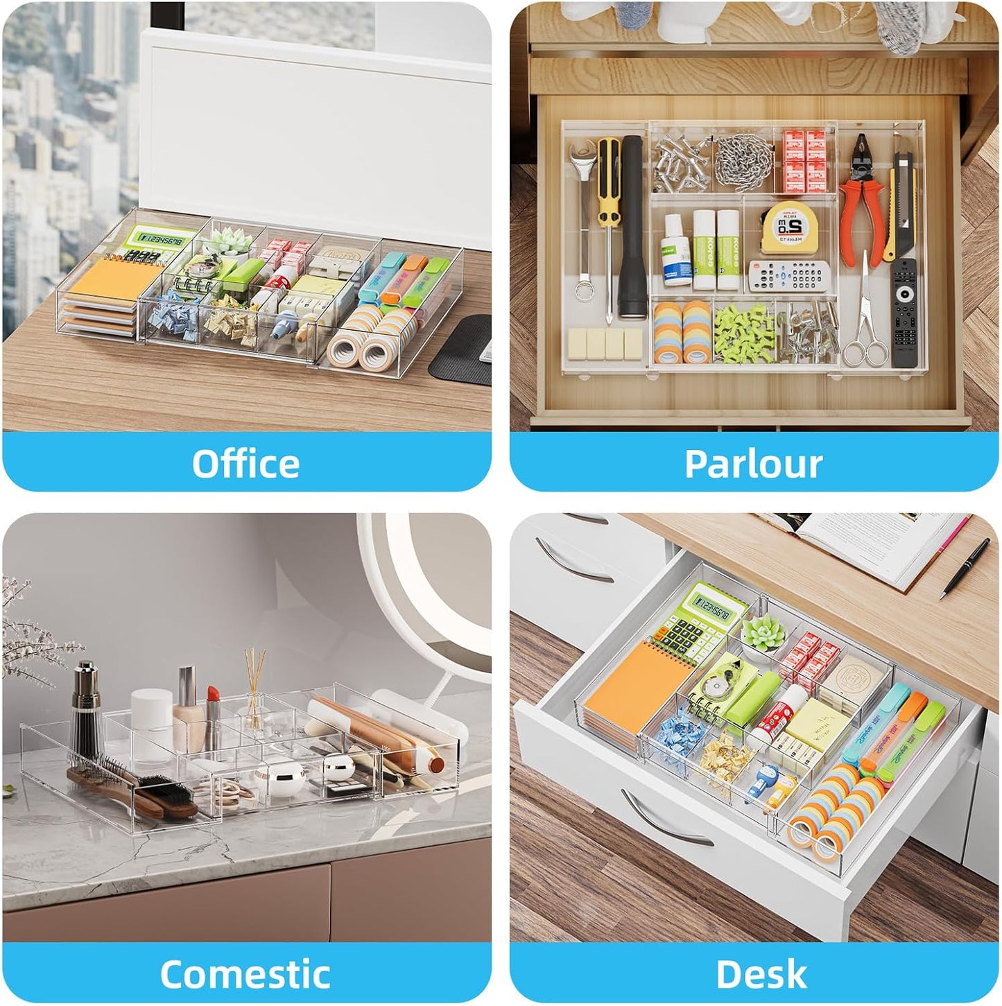 Marbrasse Expandable Desk Drawer Organizer, Clear Plastic Drawer Organizer Tray with 10 Adjustable Compartments, Desk Organizers and Accessories, 5 Drawer Dividers for Office Supplies, Makeup(Black)
