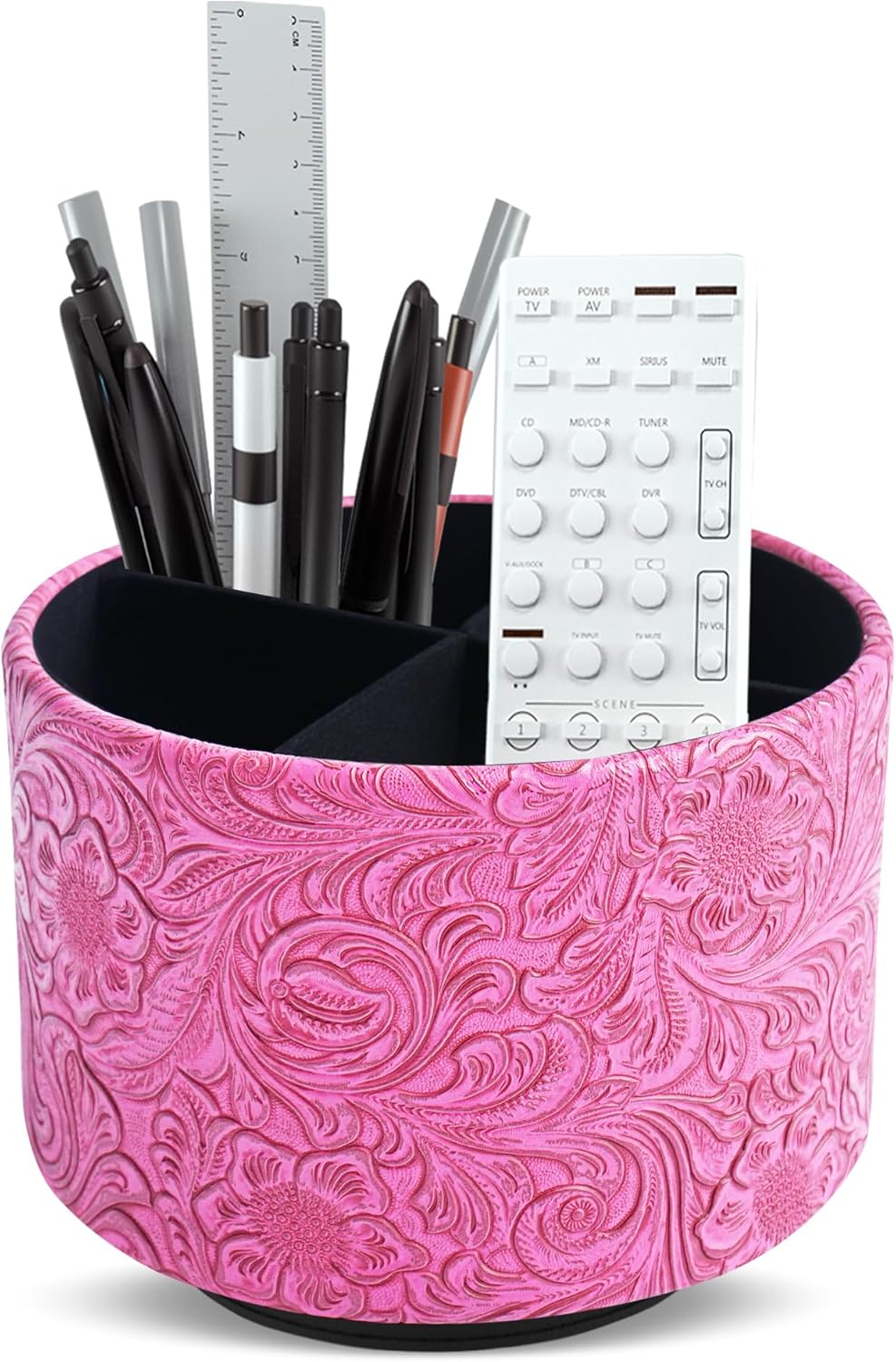 lizimandu Round Leather Art Supply Organizer,Remote Control Holder,360 Degree Spinning,Multi-Functional Pencil Holder,4 Compartments Desktop Stationary Organizer(1-Gold) - Colors B