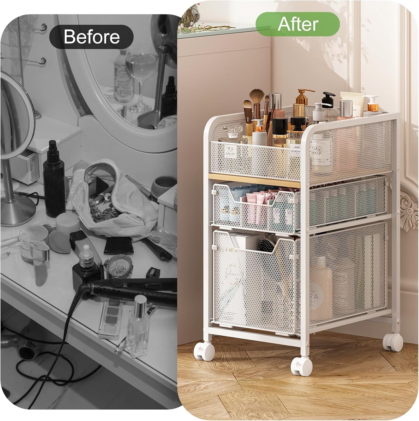 Hongtamoya Rolling Makeup Cart Organizer with 2 Drawers, Narrow Floor Skincare Organizers, Vanity Organizer Cosmetics Display Cases Holder for Skin Care Nail Polish Perfume Makeup Brush, White