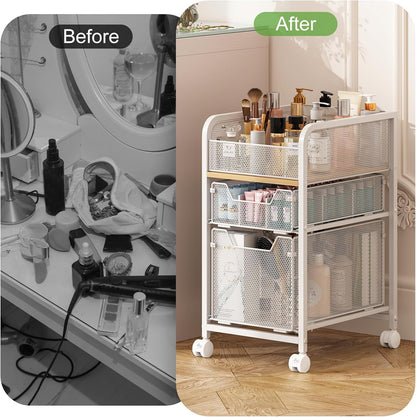 Hongtamoya Rolling Makeup Cart Organizer with 2 Drawers, Narrow Floor Skincare Organizers, Vanity Organizer Cosmetics Display Cases Holder for Skin Care Nail Polish Perfume Makeup Brush, White
