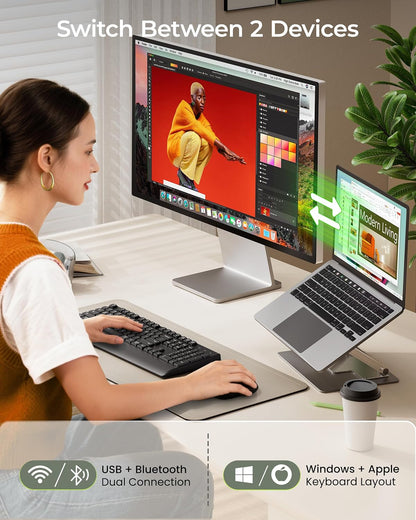 seenda Wireless Bluetooth Keyboard and Mouse Combo, COE200 Ergonomic Wireless Keyboard Mouse with Wrist Rest, Multi-Device Connection, Full-Size, Compatible for Computer/Laptop/Mac/MacBook, Black