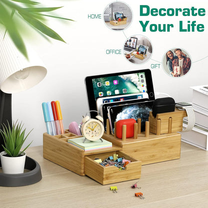 Bamboo Charging Station for Multiple Devices - Darfoo Wood Charging Dock Organizer with Drawer, 7 USB Charging Ports Compatible with Cell Phones, Tablet, Smart Watch & Earbud