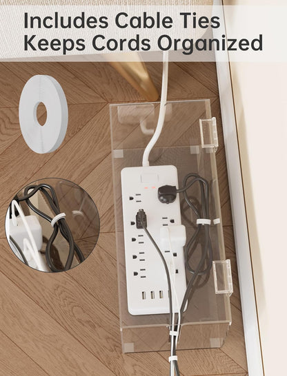 NiHome Large Clear Acrylic Cable Management Box, Power Strip Organizer with Ventilated Cover and Silicone Feet, Includes Reusable Ties, Transparent Cord Hider for Desk and Floor