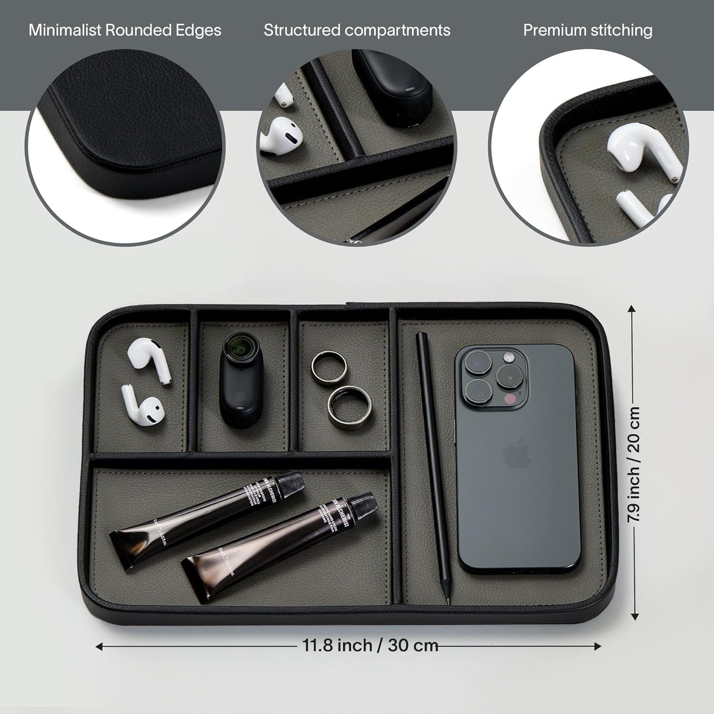 Nordik Leather Valet Tray - Pebble Black - 9.5 x 7.9 Inch Medium Vegan Leather Tray - Stylish Nightstand Organizer for Men - Modern Bedside Caddy - EDC Catchall for Key Watch Wallet Jewellery