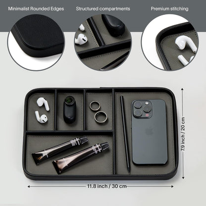 Nordik Leather Valet Tray - Pebble Black - 9.5 x 7.9 Inch Medium Vegan Leather Tray - Stylish Nightstand Organizer for Men - Modern Bedside Caddy - EDC Catchall for Key Watch Wallet Jewellery