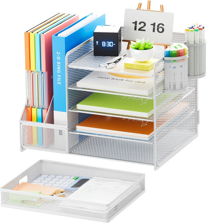 Marbrasse Desk Organizer with File Holder, 5-Tier Paper Letter Tray Organizer with Drawer and 2 Pen Holder, Mesh Desktop Organizer and Storage with Magazine Holder for Office Supplies(Black)