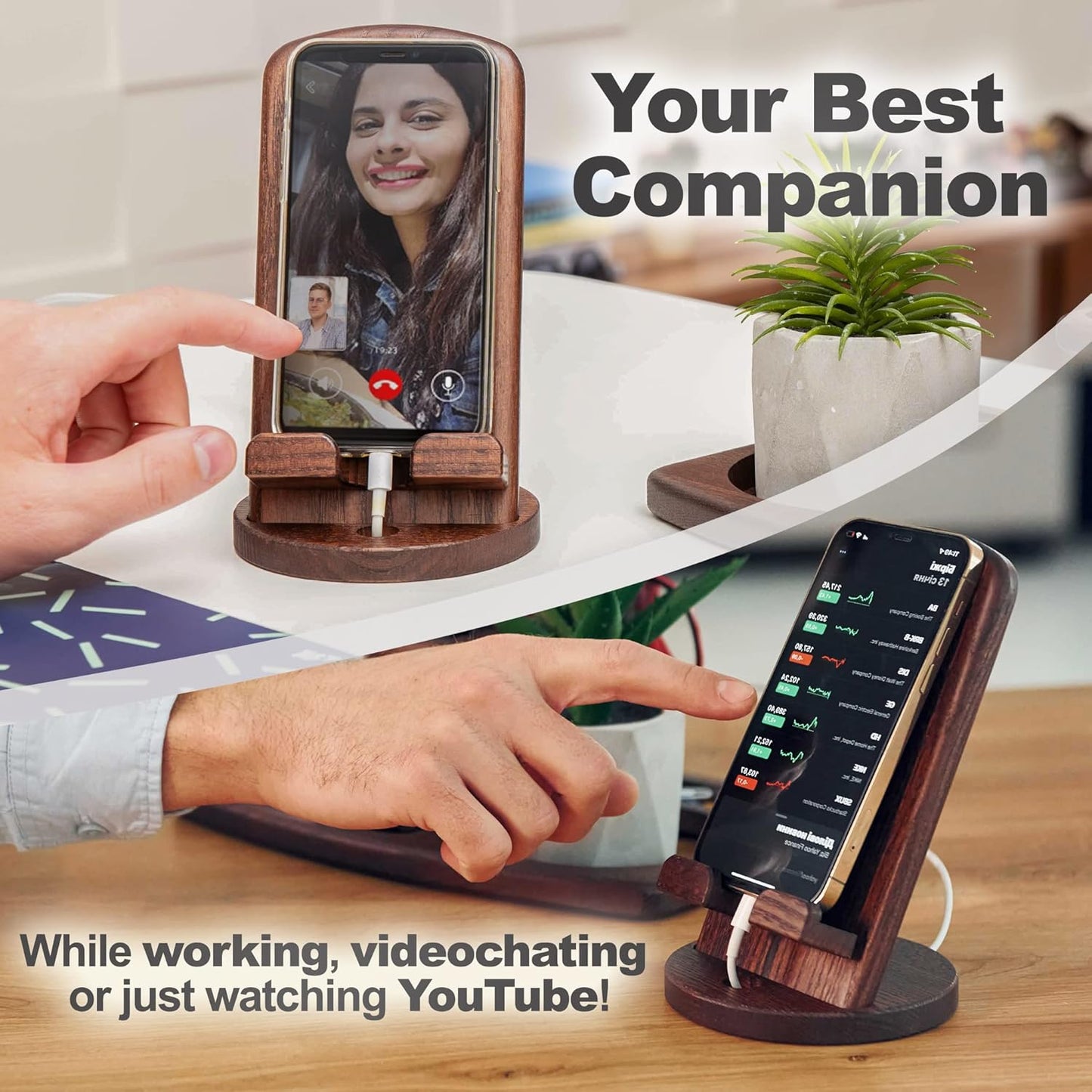 TESLYAR Wood Cell Phone Stand – Elegant Phone Holder for Nightstand & Desk | Portable Office Gift for Men, Dad & Husband | Compatible with iPhone & Android