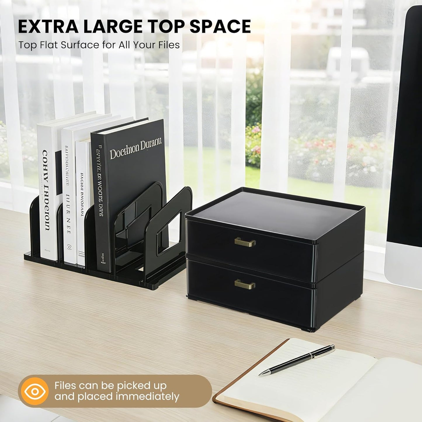 LALOBLUE Acrylic Desk Organizer with Drawer and Vertical File Holder, Desk Organizers and Accessories, Multi-Functional Office Supplies Organizer for Home or Work Desk, White