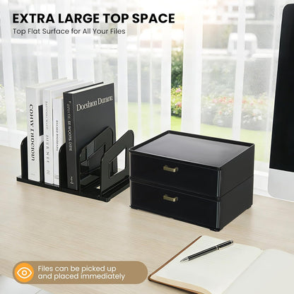 LALOBLUE Acrylic Desk Organizer with Drawer and Vertical File Holder, Desk Organizers and Accessories, Multi-Functional Office Supplies Organizer for Home or Work Desk, White