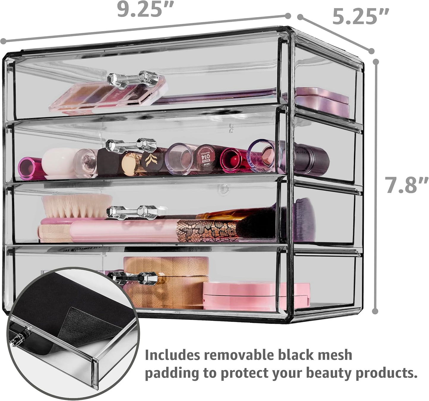 Sorbus Acrylic Makeup Organizer Set, 4-Drawer Vanity & Countertop Cosmetic Storage with Wide Drawers, Clear Makeup Storage for Brushes, Lipsticks, Jewelry – Holiday Gift for Women & Teens