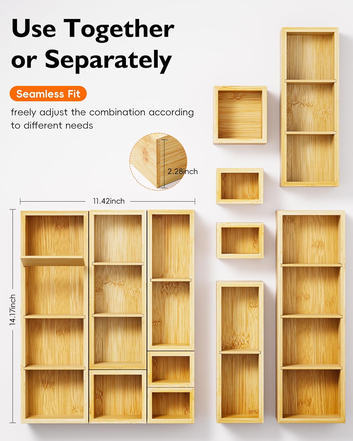 Bamboo Drawer Organizer with 9 Adjustable Compartments, Office Desk Organization Tray for Office Utensils, Supplies, Makeup, Jewelry, and More – Ideal for Desk or Drawer Storage